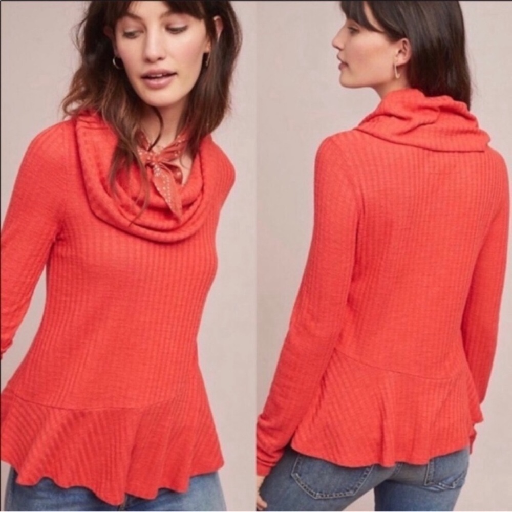 Anthropologie Maeve Coral Orange Winterscape Thermal Rivers Cowl Neck Sweater M